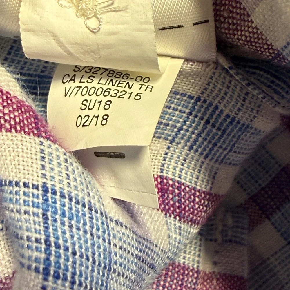 Banana Republic Button Down Mens Large Blue Purple Plaid 100% Linen Camden Shirt